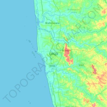 Topografische Karte Udupi, Höhe, Relief