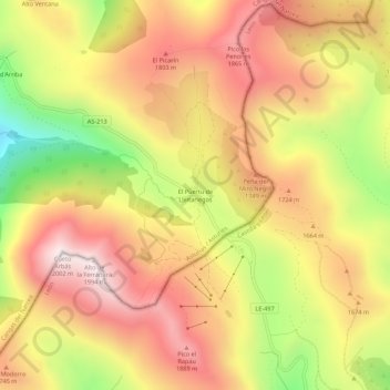 Topografische Karte El Puertu de L.leitariegos, Höhe, Relief