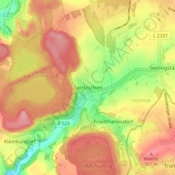 Topografische Karte Zwirtzschen, Höhe, Relief