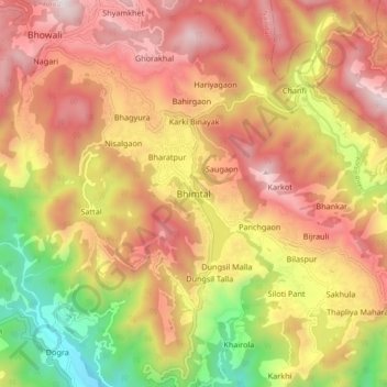 Topografische Karte Bhimtal, Höhe, Relief