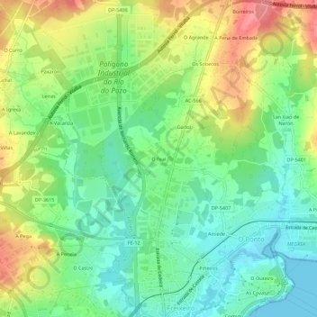 Topografische Karte O Feal, Höhe, Relief