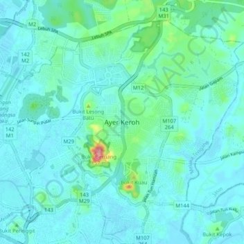 Topografische Karte Ayer Keroh, Höhe, Relief