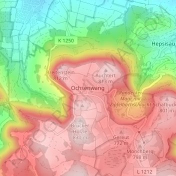 Topografische Karte Ochsenwang, Höhe, Relief