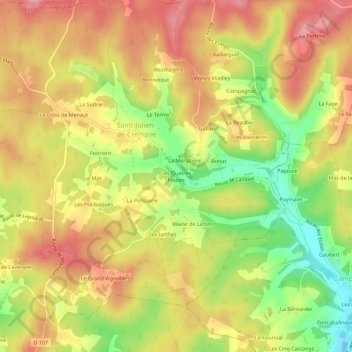 Topografische Karte Les Quatres Routes, Höhe, Relief