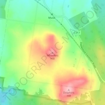 Topografische Karte Wheelers Hill, Höhe, Relief