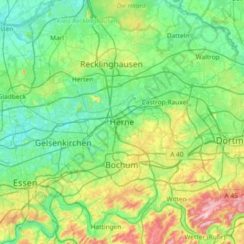 Topografische Karte Herne, Höhe, Relief