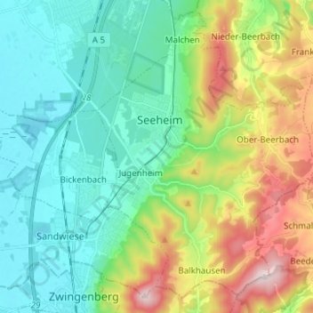 Topografische Karte Seeheim-Jugenheim, Höhe, Relief