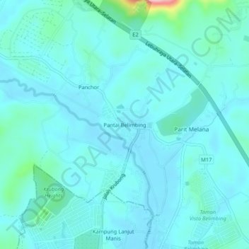 Topografische Karte Pantai Belimbing, Höhe, Relief