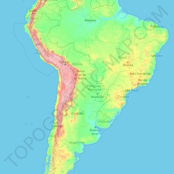 Topografische Karte Südamerika, Höhe, Relief