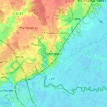 Topografische Karte Ritterhude, Höhe, Relief