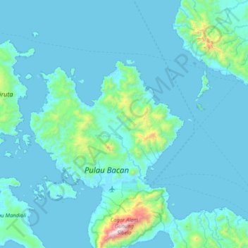 Topografische Karte Bacan Island, Höhe, Relief