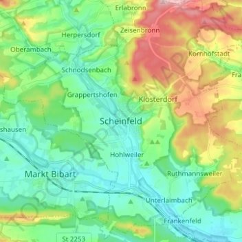 Topografische Karte Scheinfeld, Höhe, Relief