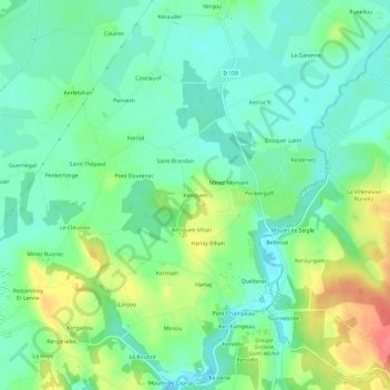 Topografische Karte Keriguen, Höhe, Relief