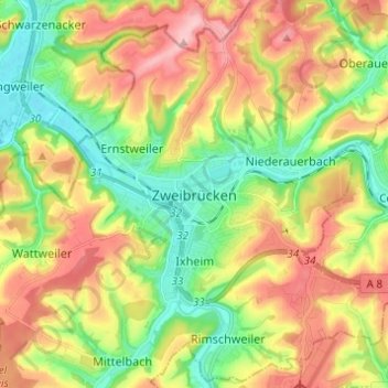 Topografische Karte Zweibrücken, Höhe, Relief