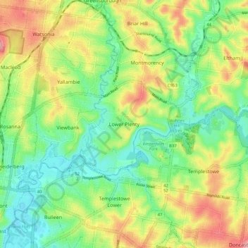 Topografische Karte Lower Plenty, Höhe, Relief
