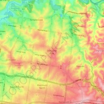 Topografische Karte Doncaster East, Höhe, Relief