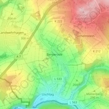 Topografische Karte Benterode, Höhe, Relief