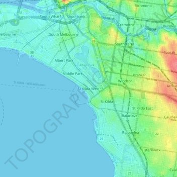 Topografische Karte St Kilda West, Höhe, Relief