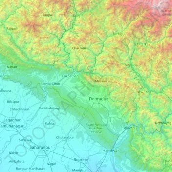Topografische Karte Dehra Dūn, Höhe, Relief