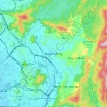 Topografische Karte Hulu Kelang, Höhe, Relief