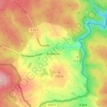 Topografische Karte Rübenau, Höhe, Relief