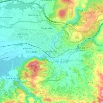 Topografische Karte Ponferrada, Höhe, Relief