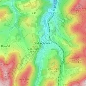 Topografische Karte Siedlinghausen, Höhe, Relief