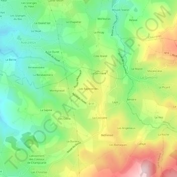 Topografische Karte Les Raymondes, Höhe, Relief