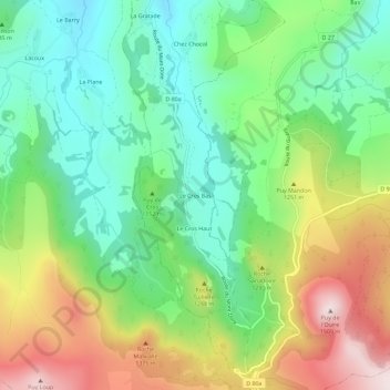 Topografische Karte Le Cros Bas, Höhe, Relief
