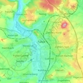 Topografische Karte Fulda, Höhe, Relief