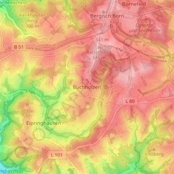 Topografische Karte Buchholzen, Höhe, Relief