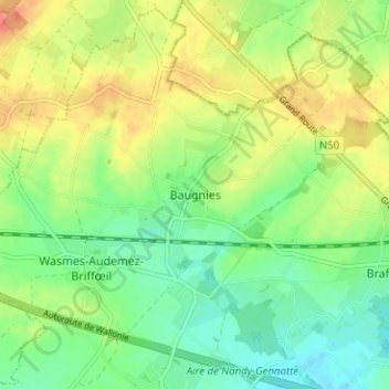 Topografische Karte Baugnies, Höhe, Relief