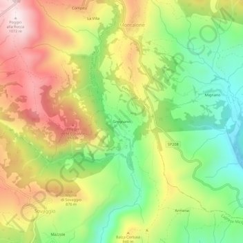 Topografische Karte Gregnano, Höhe, Relief