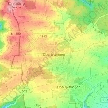 Topografische Karte Oberjettingen, Höhe, Relief