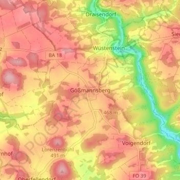 Topografische Karte Gößmannsberg, Höhe, Relief