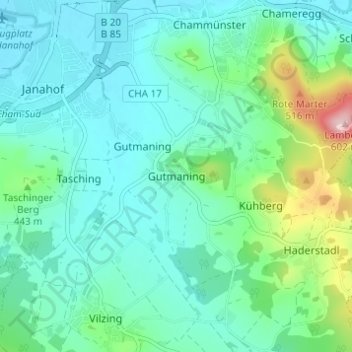 Topografische Karte Gutmaning, Höhe, Relief
