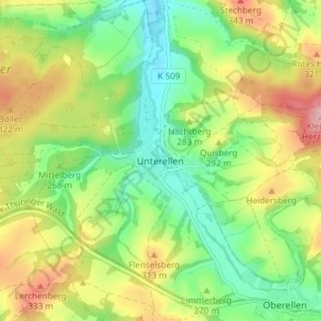 Topografische Karte Unterellen, Höhe, Relief