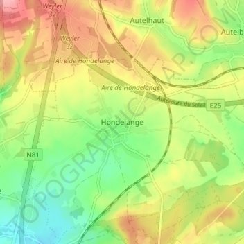 Topografische Karte Hondelange, Höhe, Relief