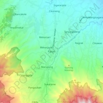 Topografische Karte Pacet, Höhe, Relief