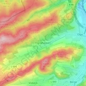 Topografische Karte Frenkhausen, Höhe, Relief