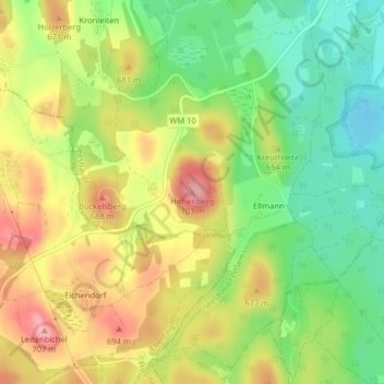 Topografische Karte Hohenberg, Höhe, Relief