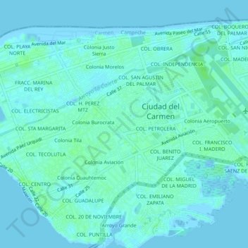 Topografische Karte FRACC. JUSTO SIERRA, Höhe, Relief