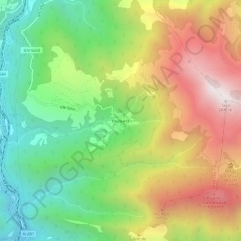 Topografische Karte Bruguera, Höhe, Relief