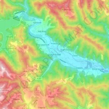 Topografische Karte Zubin Potok, Höhe, Relief