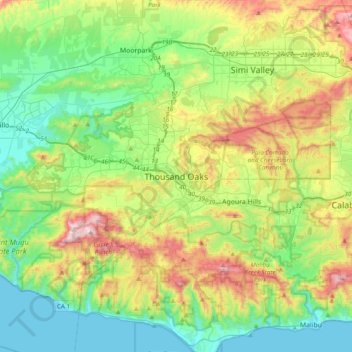 Topografische Karte Thousand Oaks, Höhe, Relief