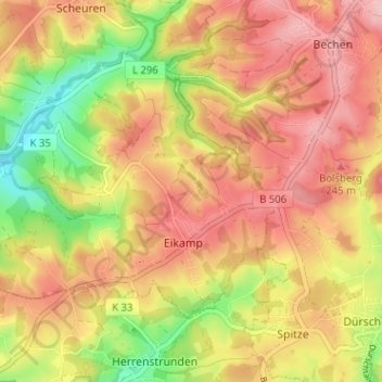 Topografische Karte Oberscheid, Höhe, Relief