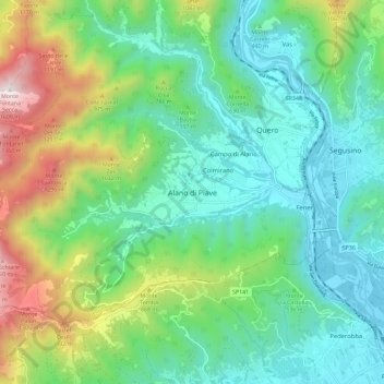 Topografische Karte Alano di Piave, Höhe, Relief