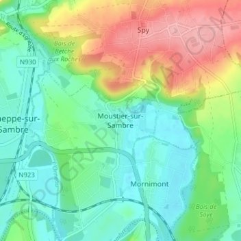 Topografische Karte Moustier-sur-Sambre, Höhe, Relief