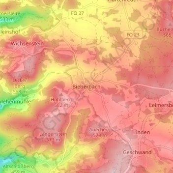Topografische Karte Bieberbach, Höhe, Relief