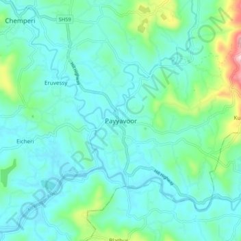 Topografische Karte Payyavoor, Höhe, Relief